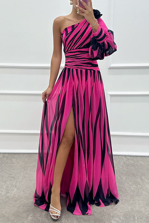 Mixiedress One Shoulder Waisted Slit Printed Maxi Dress