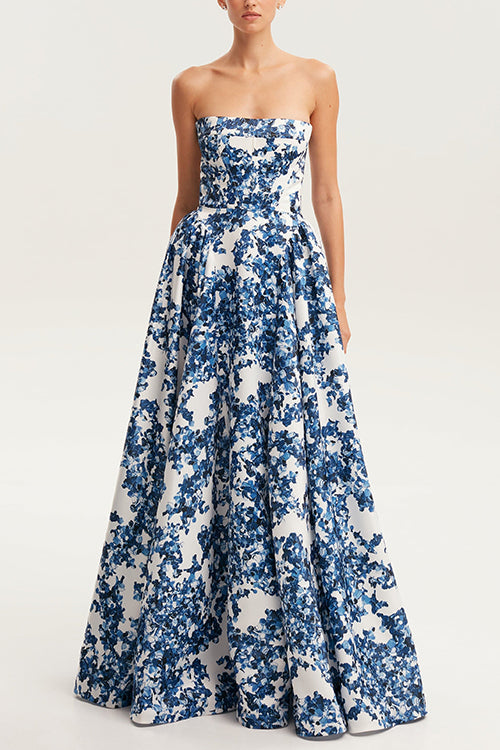 Mixiedress Strapless Back Lace-up Print Maxi Party Dress