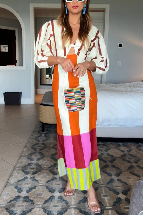 Mixiedress Knot Front Cut Out Puff Sleeves Side Slit Printed Midi Dress