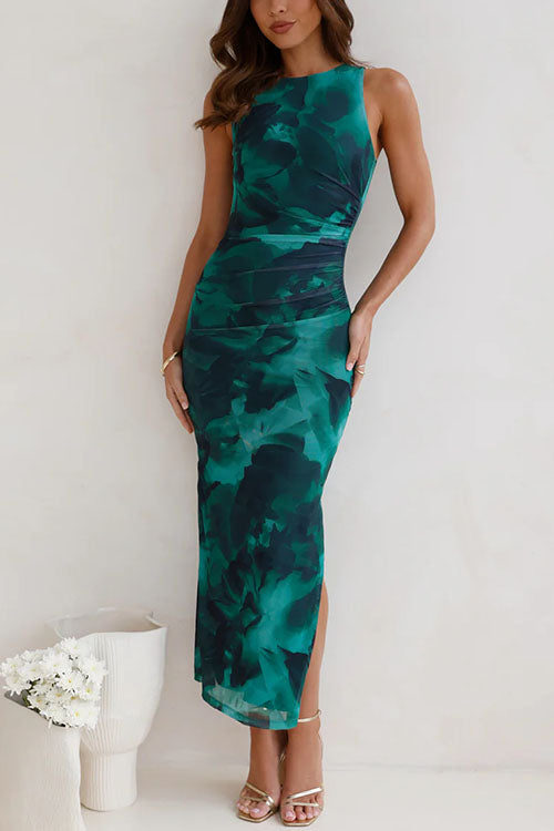 Mixiedress Sleeveless Side Slit Printed Bodycon Midi Dress