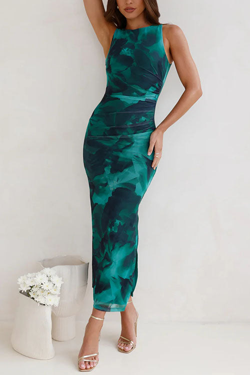 Mixiedress Sleeveless Side Slit Printed Bodycon Midi Dress