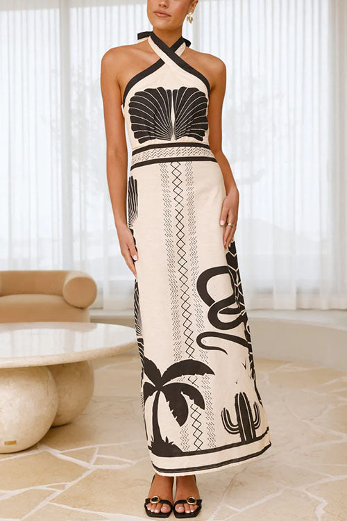 Mixiedress Palm Canyon Print Criss Cross Halter Maxi Dress
