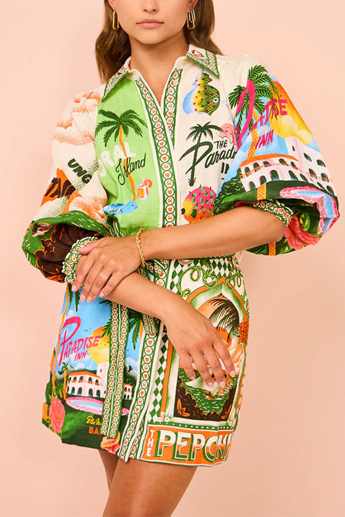 Mixiedress Lantern Sleeves Tie Waist Cotton Linen Resort Print Shirt Dress