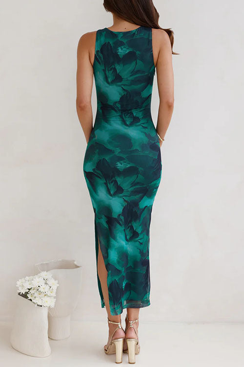 Mixiedress Sleeveless Side Slit Printed Bodycon Midi Dress