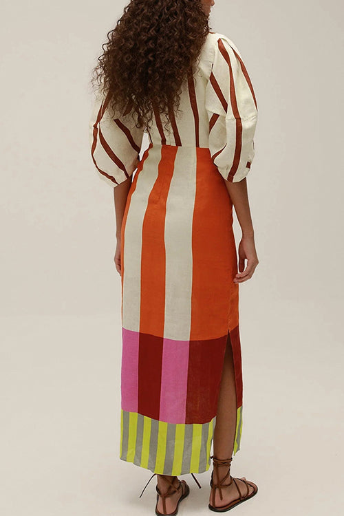 Mixiedress Knot Front Cut Out Puff Sleeves Side Slit Printed Midi Dress