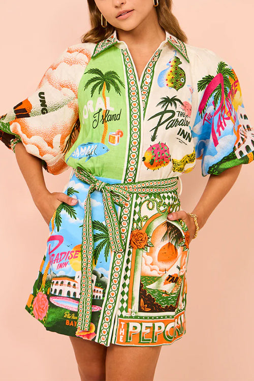 Mixiedress Lantern Sleeves Tie Waist Cotton Linen Resort Print Shirt Dress
