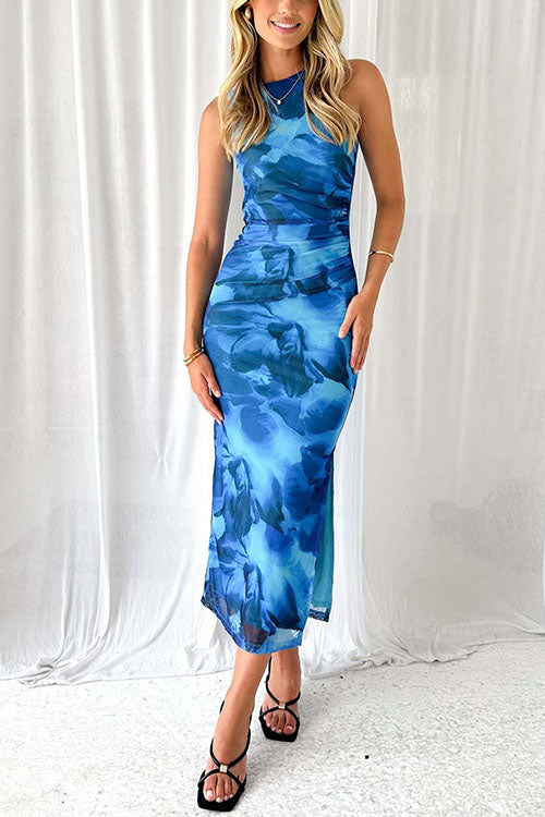 Mixiedress Sleeveless Side Slit Printed Bodycon Midi Dress
