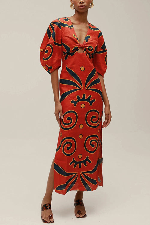 Mixiedress Knot Front Cut Out Puff Sleeves Side Slit Printed Midi Dress