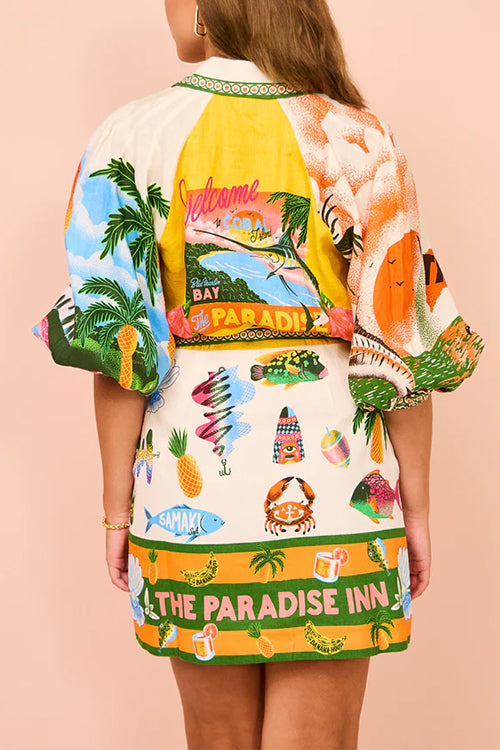 Mixiedress Lantern Sleeves Tie Waist Cotton Linen Resort Print Shirt Dress