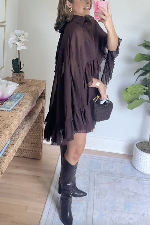 High Neck Sheer Ruffle Trim Cape Mini Dress