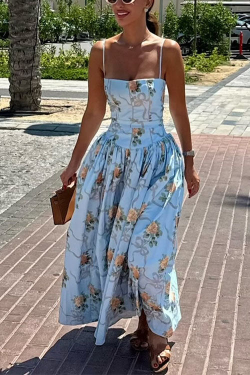 Mixiedress Spaghetti Strap Waisted Floral Print A-line Maxi Dress