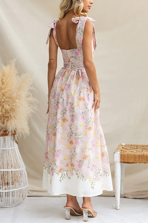 Adjustable Tie Straps Waisted Floral Print Maxi Dress
