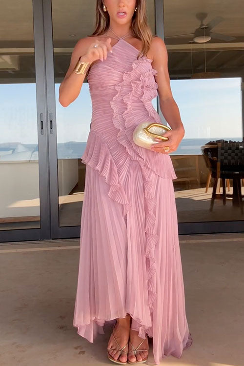 Mixiedress Strappy Halter Neck Ruffle Trim Asymmetric Hem Pleated Maxi Dress