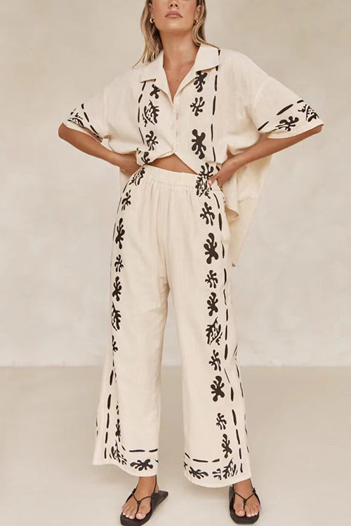 Mixiedress Cotton Linen Short Sleeves Button Down Shirt Elastic Waist Wide Leg Pants Printed Set