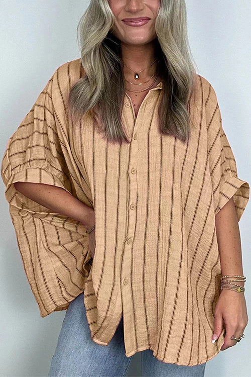 Mixiedress Oversized Button Down Batwing Sleeves Striped Shirt