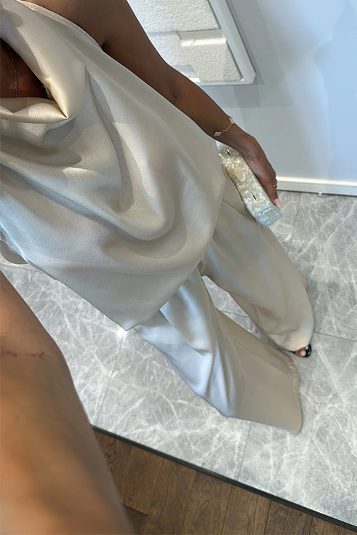 Cowl Neck Sleeveless Top and Elastic Waist Wide Leg Pants Satin Set