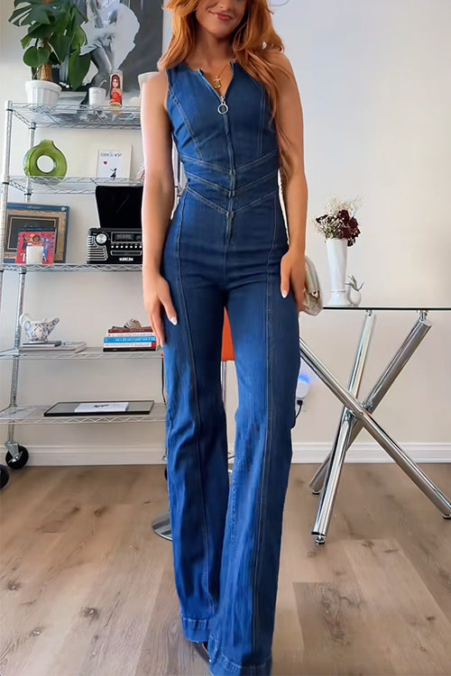Mixiedress Zip Up Sleeveless Heart Back Bell Bottom Denim Jumpsuit