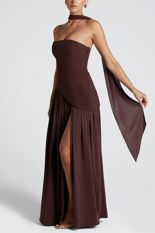Mixiedress Strapless Back Lace-up High Slit Splice Maxi Dress