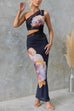 Mixiedress One Shoulder Cut Out Lace Splice Floral Maxi Bodycon Dress