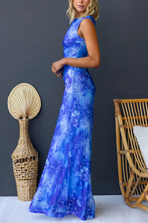 Asymmetric Shoulder Ruched Waist Floral Print Maxi Dress