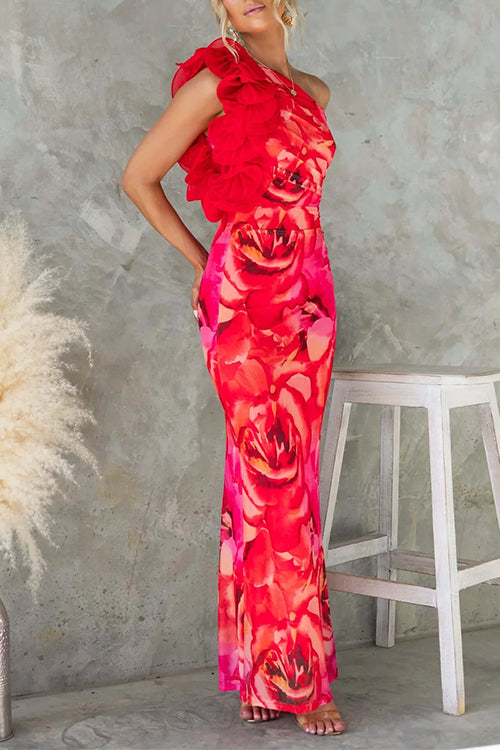 Mixiedress Ruffle One Shoulder Floral Print Bodycon Maxi Dress