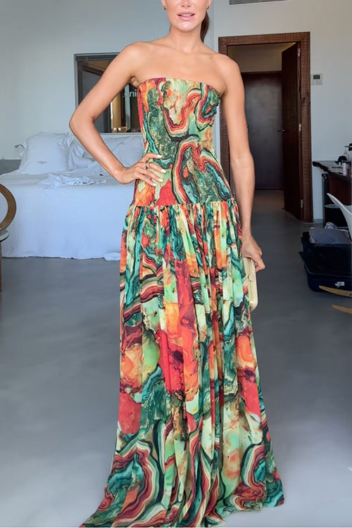 Strapless Smocked Ombre Print Swing Maxi Dress