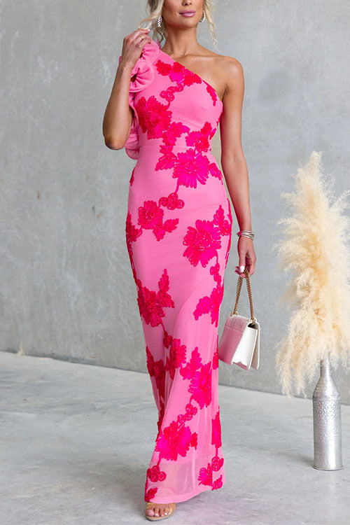 Chic Ruffle One Shoulder Sleeveless Floral Mesh Maxi Dress