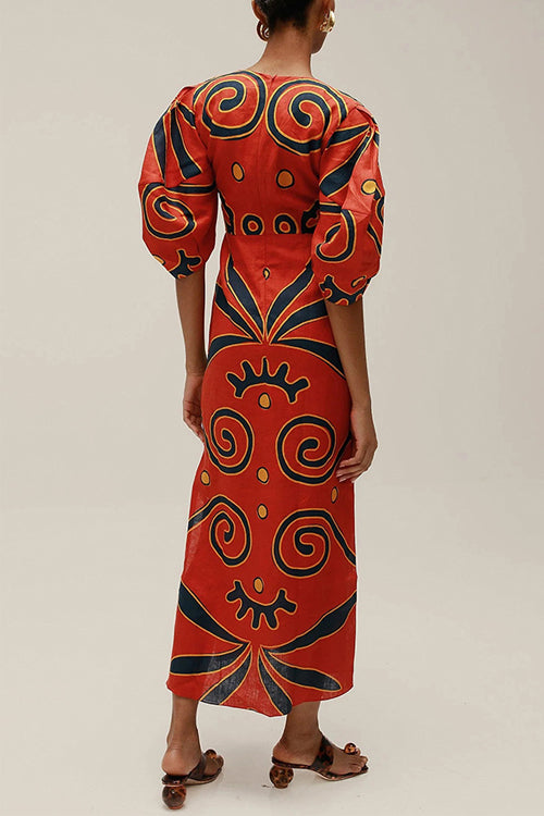 Mixiedress Knot Front Cut Out Puff Sleeves Side Slit Printed Midi Dress