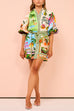 Mixiedress Lantern Sleeves Tie Waist Cotton Linen Resort Print Shirt Dress
