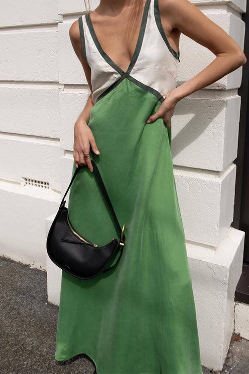 Mixiedress V Neck Color Block Sleeveless Maxi Swing Dress