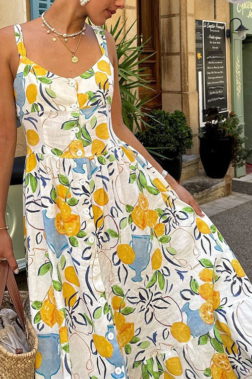 Mixiedress Button Down Printed A-line Ruffle Midi Sundress