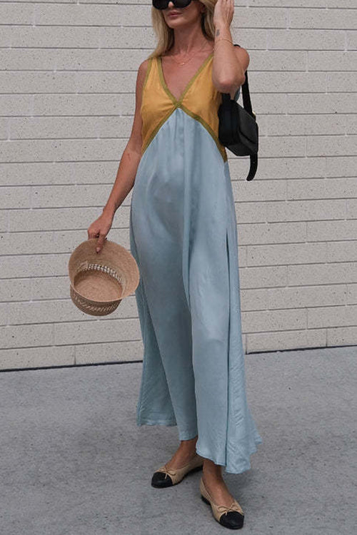 Mixiedress V Neck Color Block Sleeveless Maxi Swing Dress