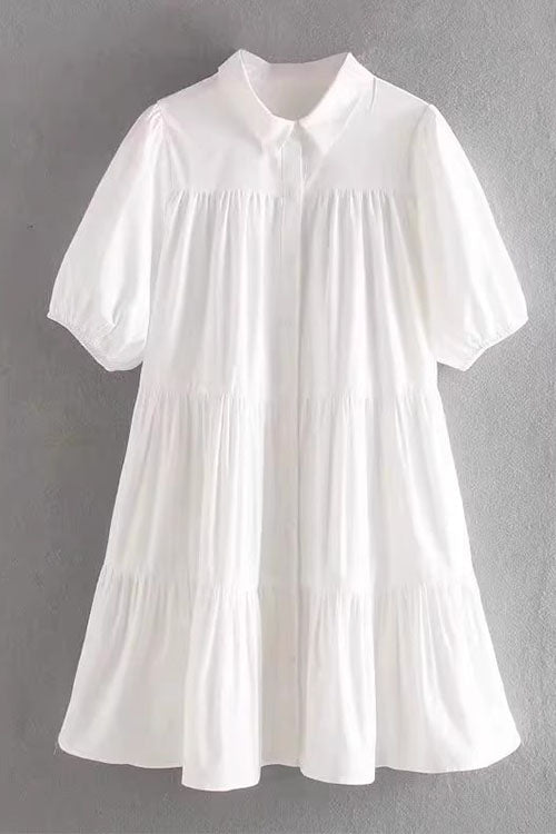 Mixiedress Puff Sleeves Button Down Ruffle Tiered Mini Shirt Dress