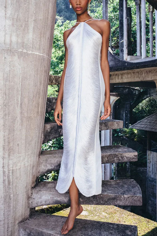 Mixiedress Chicest Halter Draped Fringe Maxi Party Dress