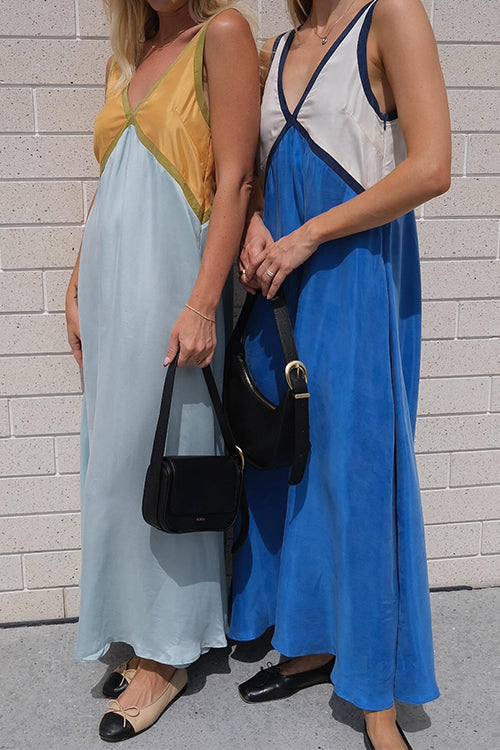 Mixiedress V Neck Color Block Sleeveless Maxi Swing Dress