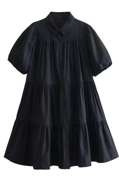 Mixiedress Puff Sleeves Button Down Ruffle Tiered Mini Shirt Dress