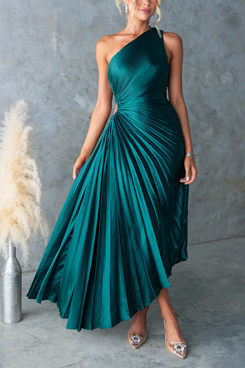 Mixiedress One Shoulder Cut Out Waist Pleated Satin Maxi Dress