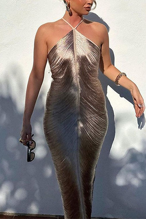 Mixiedress Chicest Halter Draped Fringe Maxi Party Dress