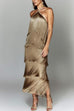 Mixiedress Chicest Halter Ruffle Layered Fringe Maxi Party Dress