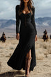 Mixiedress U Neck Buttop Up Long Sleeves Ruffle Slit Maxi Dress