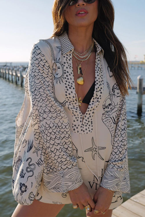 Mixiedress Collared V Neck Shirt and Side Slit Shorts Vitamin Sea Print Set