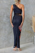 Mixiedress One Shoulder Cut Out Lace Splice Floral Maxi Bodycon Dress