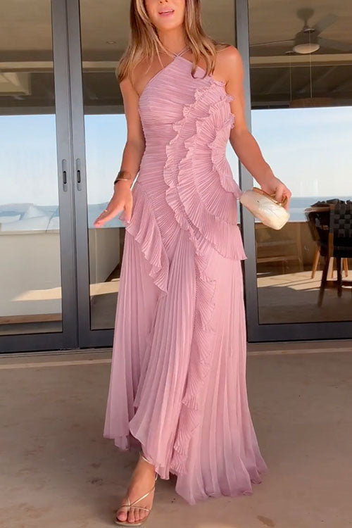 Mixiedress Strappy Halter Neck Ruffle Trim Asymmetric Hem Pleated Maxi Dress