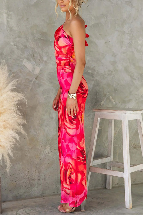 Mixiedress Ruffle One Shoulder Floral Print Bodycon Maxi Dress