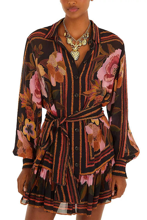 Long Sleeves Button Up Tie Waist Fioral Print Ruffle Mini Shirt Dress
