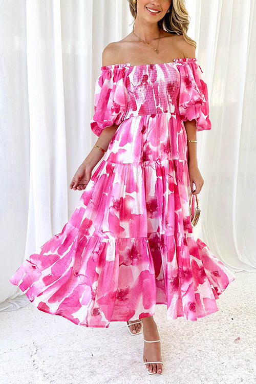 Mixiedress Off Shoulder Puff Sleeves Ruffle Tiered Printed Midi Dress