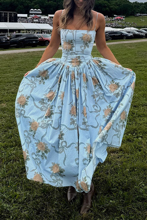 Mixiedress Spaghetti Strap Waisted Floral Print A-line Maxi Dress