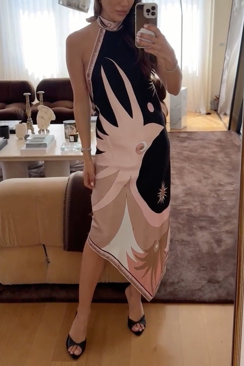 Mixiedress Halter Neck Open Back Asymmetric Hem Printed Satin Midi Dress