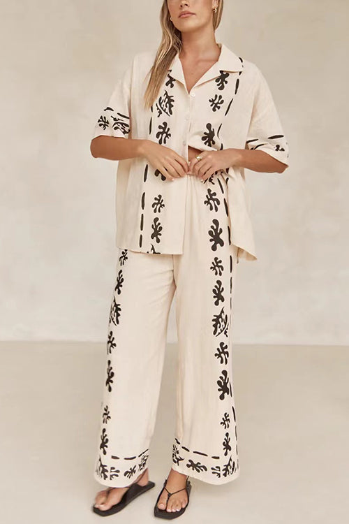 Mixiedress Cotton Linen Short Sleeves Button Down Shirt Elastic Waist Wide Leg Pants Printed Set