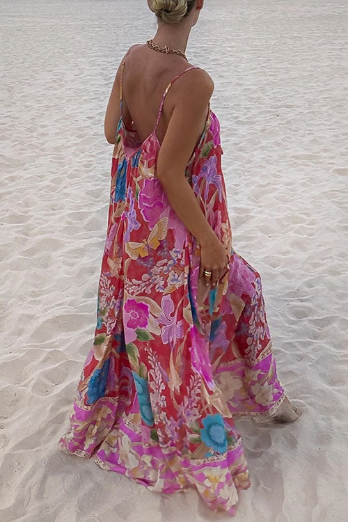 Mixiedress V Neck Spaghetti Strap Backless Floral Print Maxi Vacation Dress